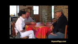 Two papis duet with a sexy brunette wearing a thong