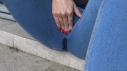 She couldn't hold herself back and peed on herself then tore her jeans