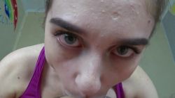 Slutty brunette sucks my whole cock and I cum in her mouth